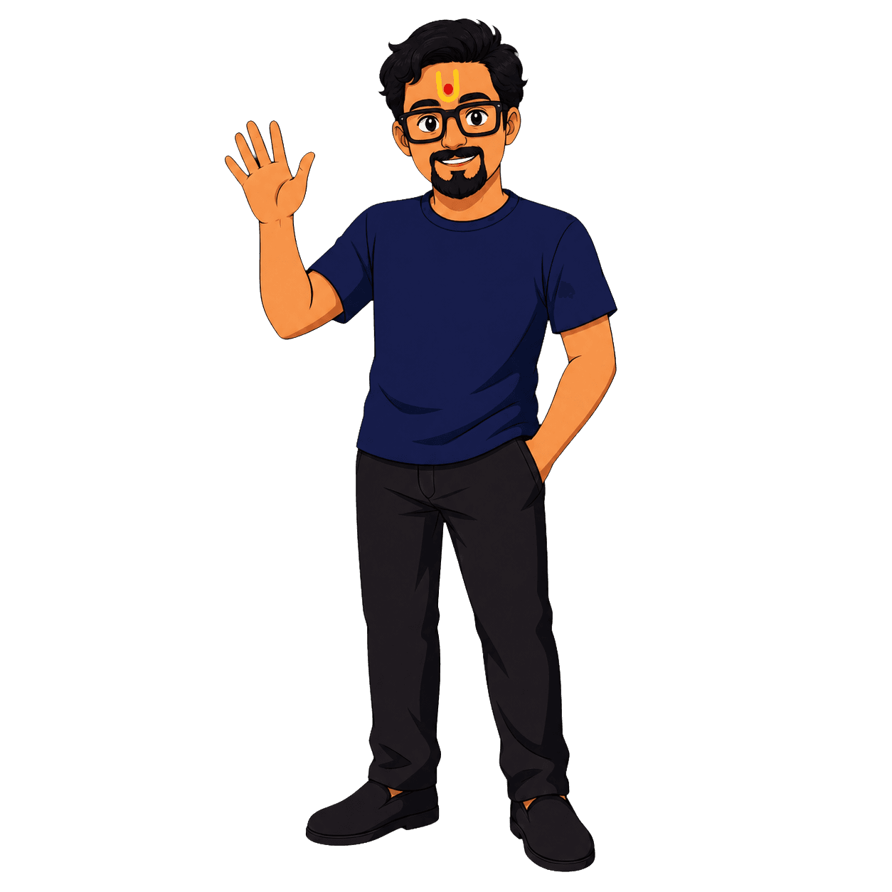 Cartoon Parth waving warmly in his glasses and navy shirt.
